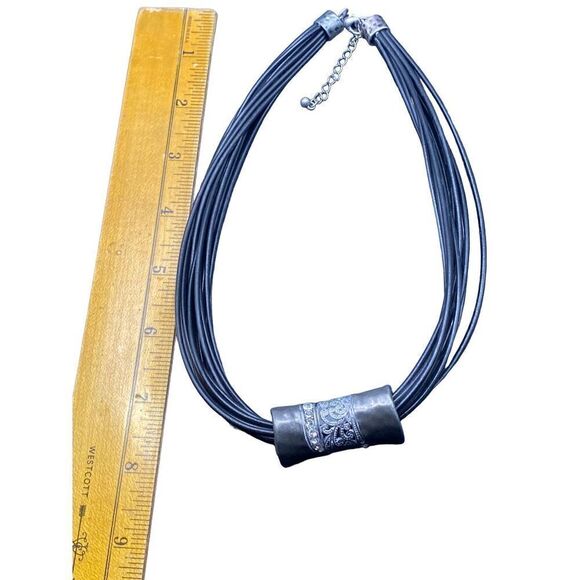 Black multi strand necklace with treated cord silver tone filigree rhinestone pe - Picture 4 of 8